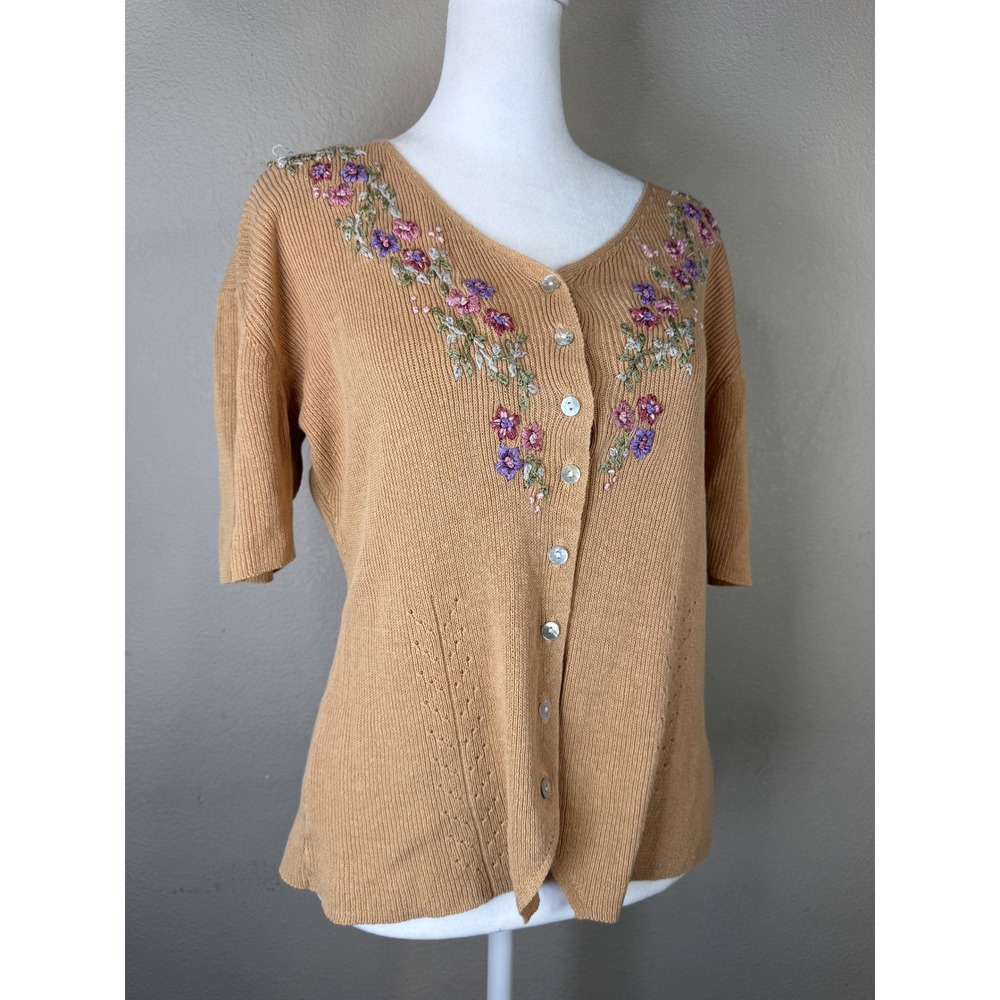 Floral Embroidered Cardigan Sweater Knit‎ Top Short Sleeve S Preppy Grandma